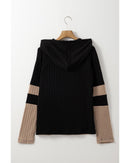 Parchment Textured Colorblock Long Sleeve Quarter Zip Drawstring Hooded Top - L