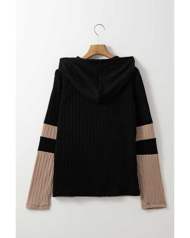 Parchment Textured Colorblock Long Sleeve Quarter Zip Drawstring Hooded Top - L