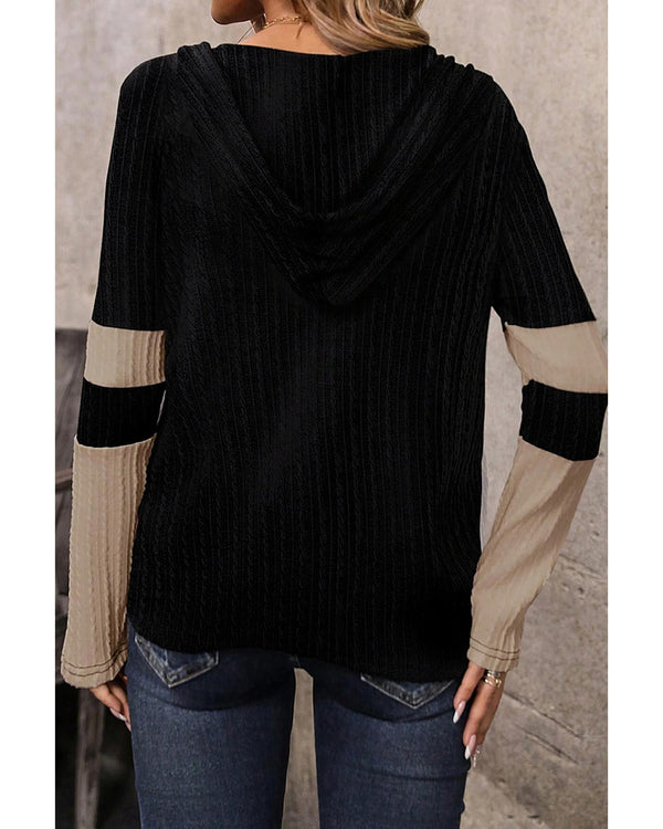 Parchment Textured Colorblock Long Sleeve Quarter Zip Drawstring Hooded Top - M