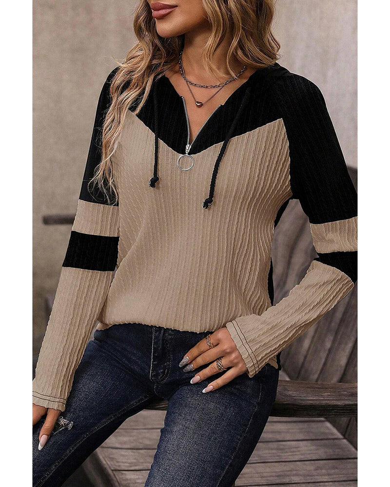 Parchment Textured Colorblock Long Sleeve Quarter Zip Drawstring Hooded Top - M
