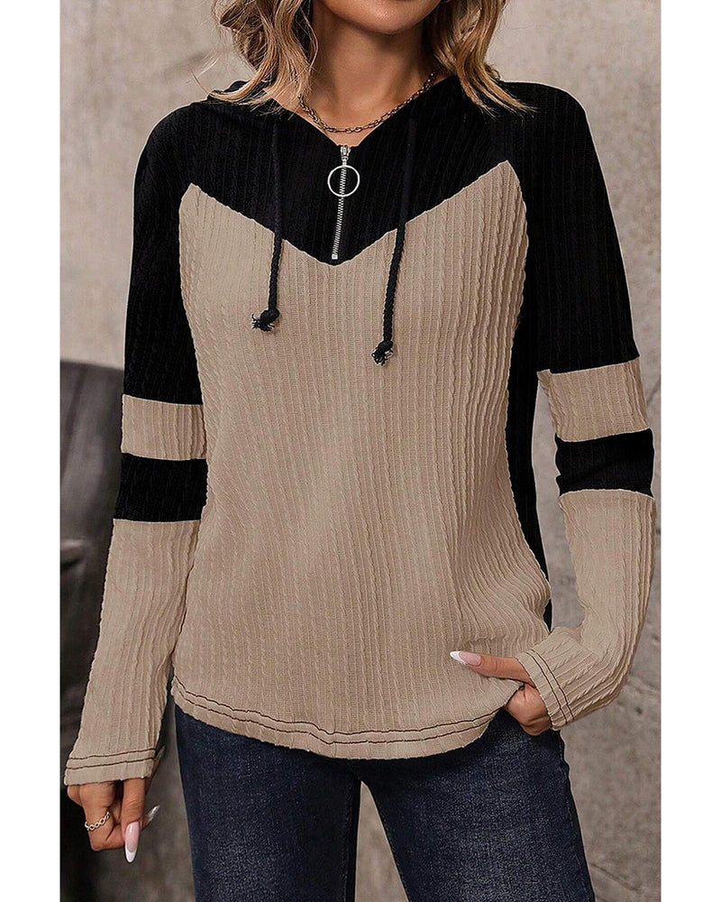 Parchment Textured Colorblock Long Sleeve Quarter Zip Drawstring Hooded Top - M