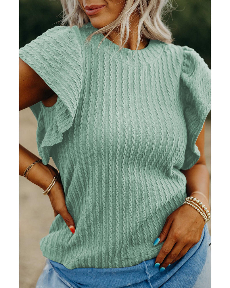 Moonlight Jade Solid Color Textured Flutter Sleeve Top - S