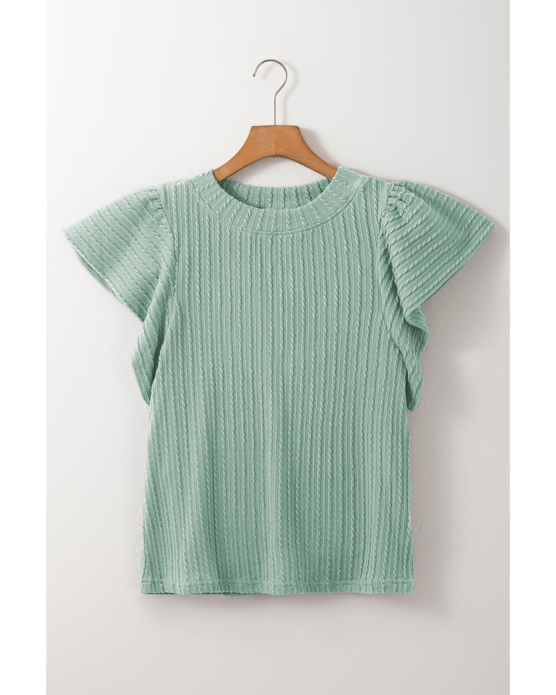 Moonlight Jade Solid Color Textured Flutter Sleeve Top - S