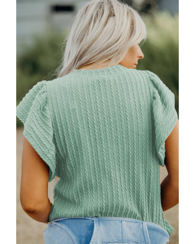 Moonlight Jade Solid Color Textured Flutter Sleeve Top - XL