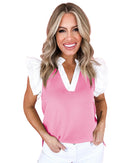 Pink Contrast V Neck Ruffled Textured Knit Top - L