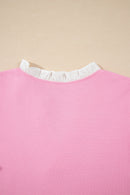 Pink Contrast V Neck Ruffled Textured Knit Top - L