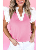 Pink Contrast V Neck Ruffled Textured Knit Top - XL