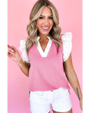 Pink Contrast V Neck Ruffled Textured Knit Top - XL
