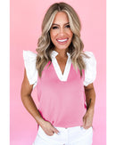 Pink Contrast V Neck Ruffled Textured Knit Top - XL