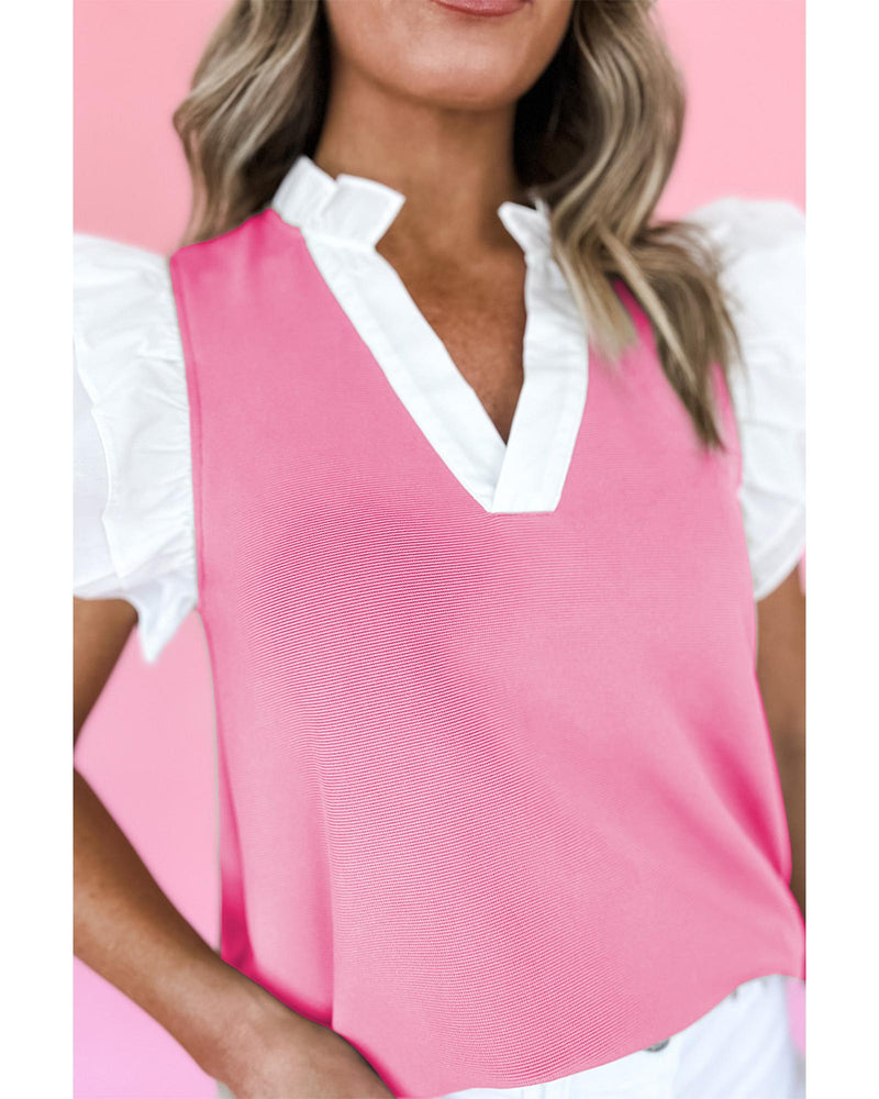 Pink Contrast V Neck Ruffled Textured Knit Top - XL