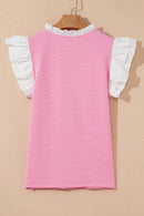 Pink Contrast V Neck Ruffled Textured Knit Top - XL