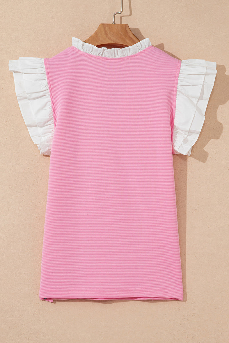 Pink Contrast V Neck Ruffled Textured Knit Top - XL
