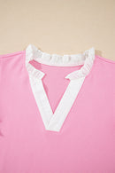 Pink Contrast V Neck Ruffled Textured Knit Top - XL