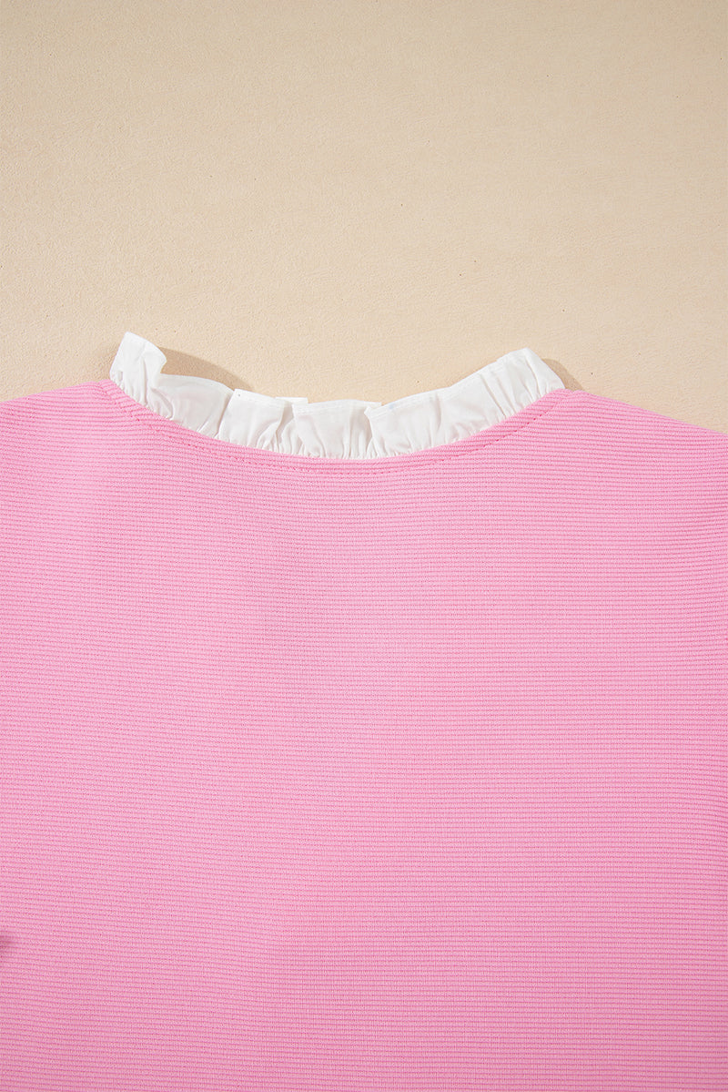 Pink Contrast V Neck Ruffled Textured Knit Top - XL