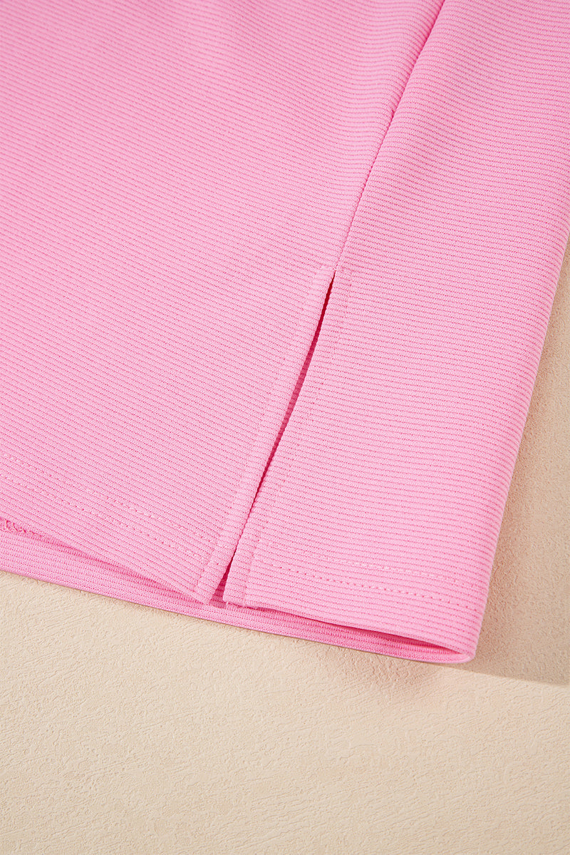 Pink Contrast V Neck Ruffled Textured Knit Top - XL