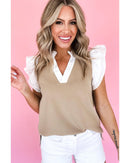 Pale Khaki Contrast V Neck Ruffled Textured Knit Top - M