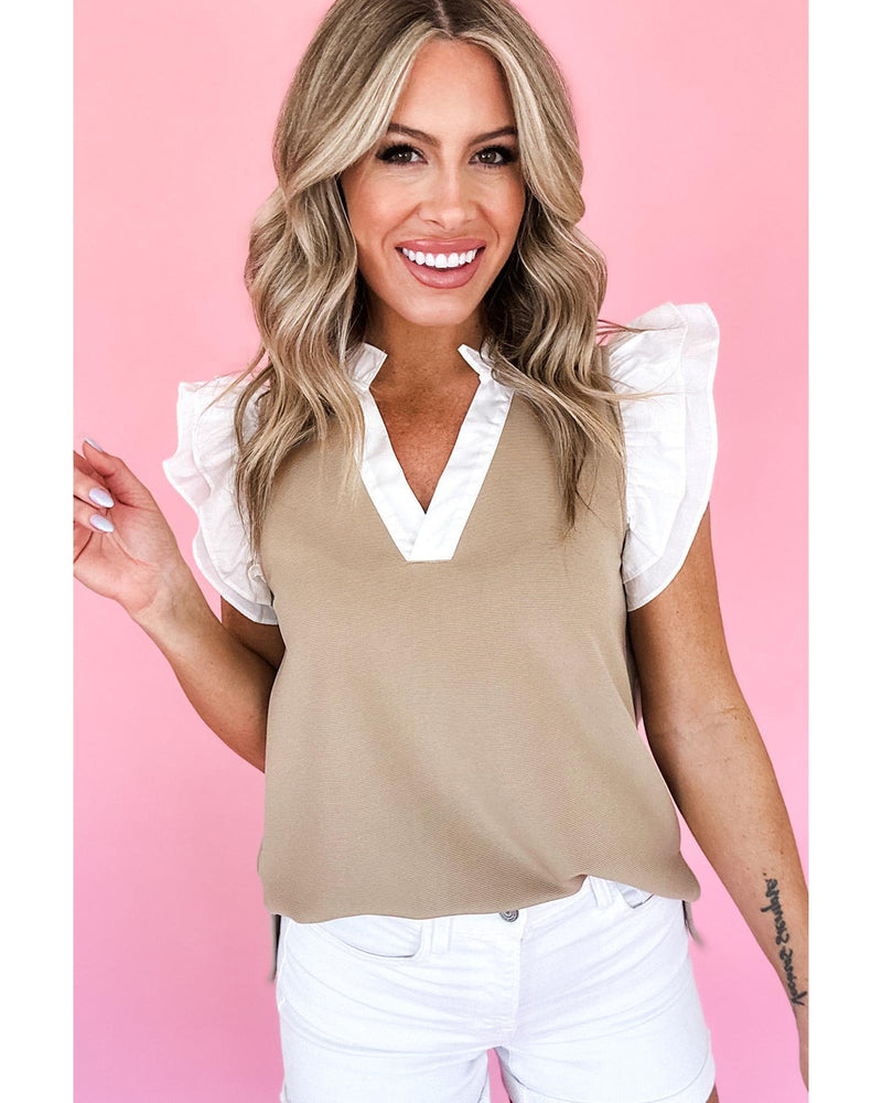 Pale Khaki Contrast V Neck Ruffled Textured Knit Top - M