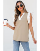 Pale Khaki Contrast V Neck Ruffled Textured Knit Top - M