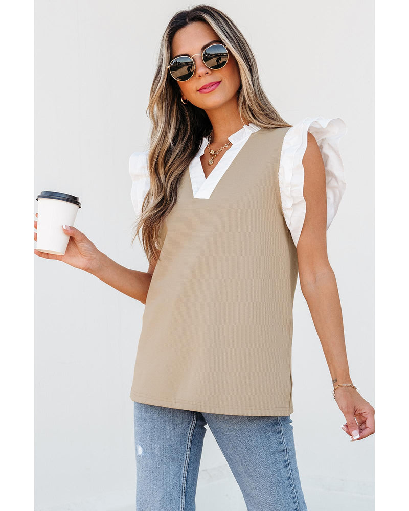 Pale Khaki Contrast V Neck Ruffled Textured Knit Top - M
