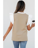 Pale Khaki Contrast V Neck Ruffled Textured Knit Top - M