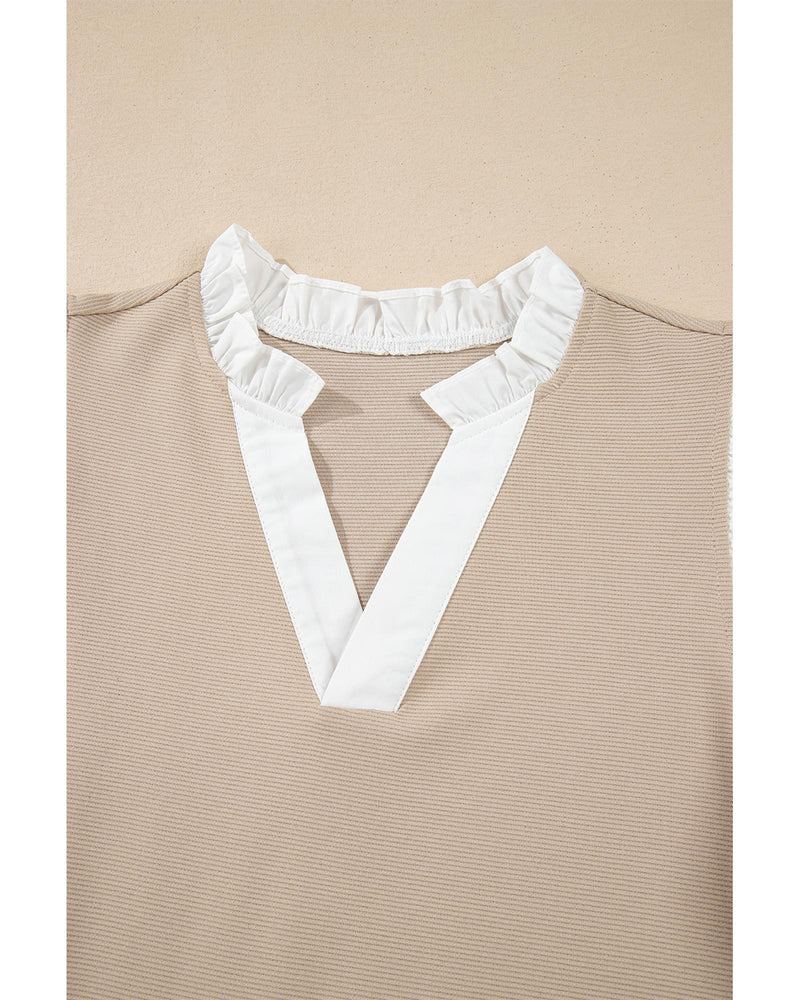Pale Khaki Contrast V Neck Ruffled Textured Knit Top - M