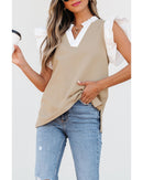 Pale Khaki Contrast V Neck Ruffled Textured Knit Top - M