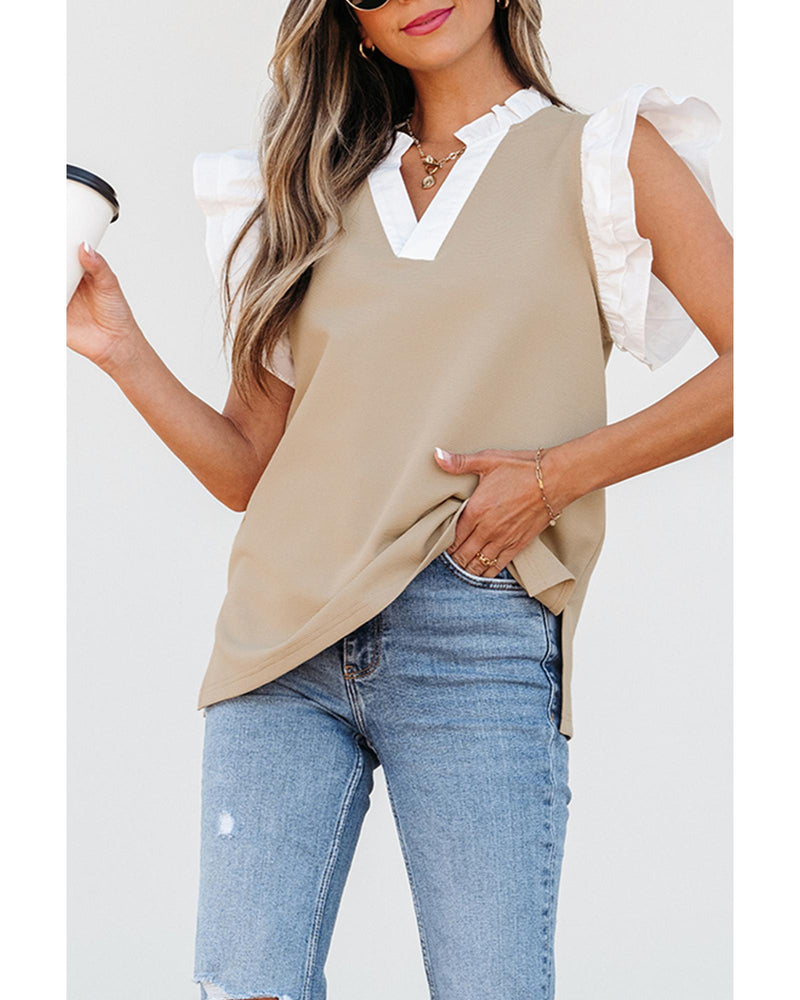 Pale Khaki Contrast V Neck Ruffled Textured Knit Top - M