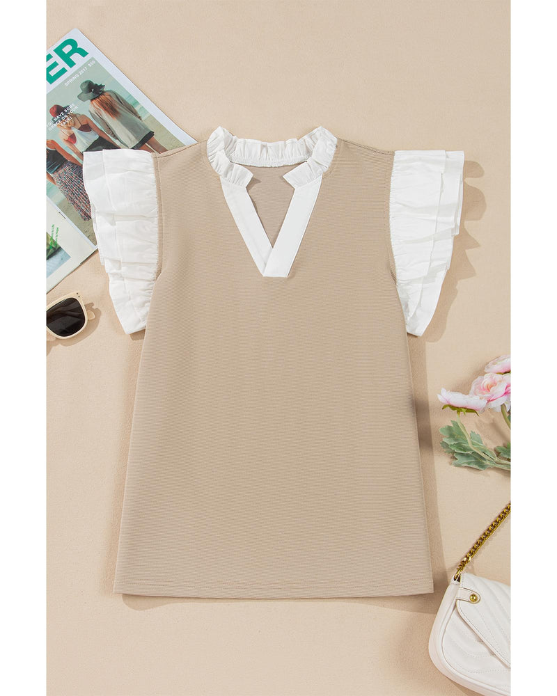 Pale Khaki Contrast V Neck Ruffled Textured Knit Top - M