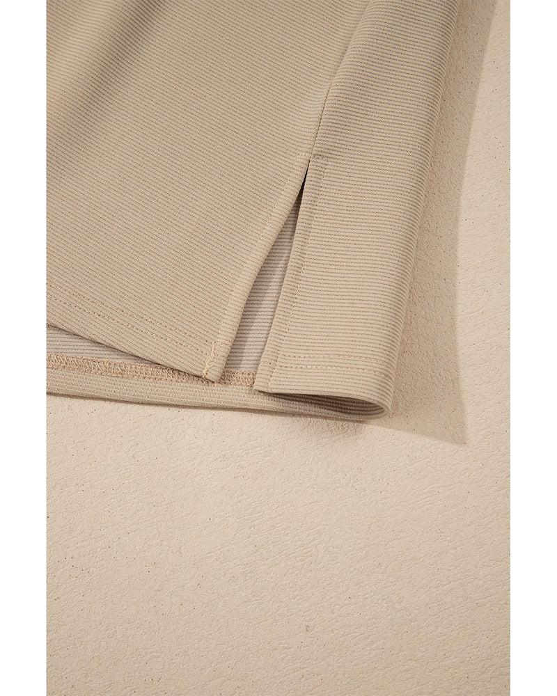 Pale Khaki Contrast V Neck Ruffled Textured Knit Top - M