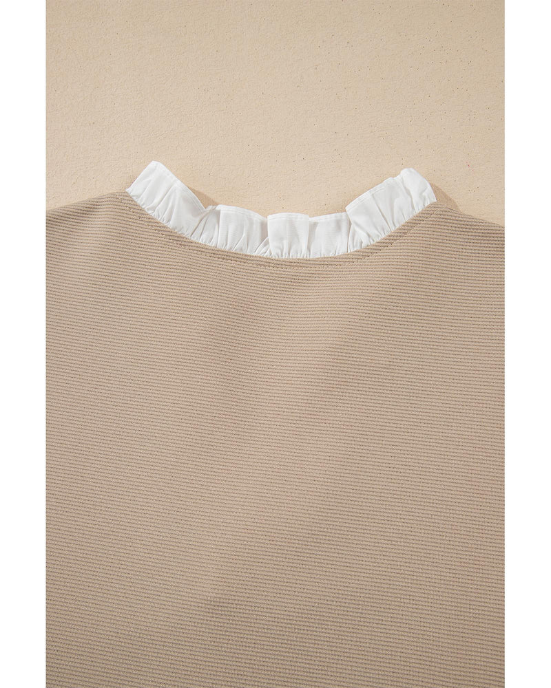 Pale Khaki Contrast V Neck Ruffled Textured Knit Top - M