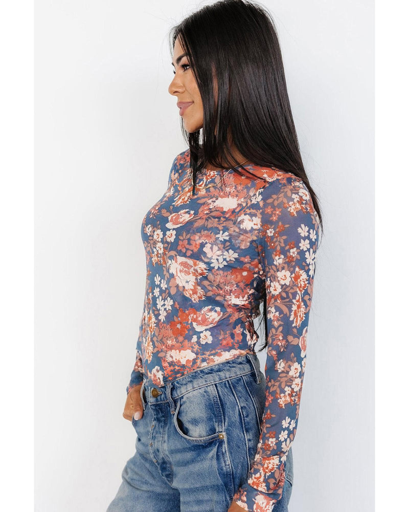 Orchid Petal Floral Print Mesh Fitted Long Sleeve Top - L
