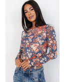 Orchid Petal Floral Print Mesh Fitted Long Sleeve Top - L