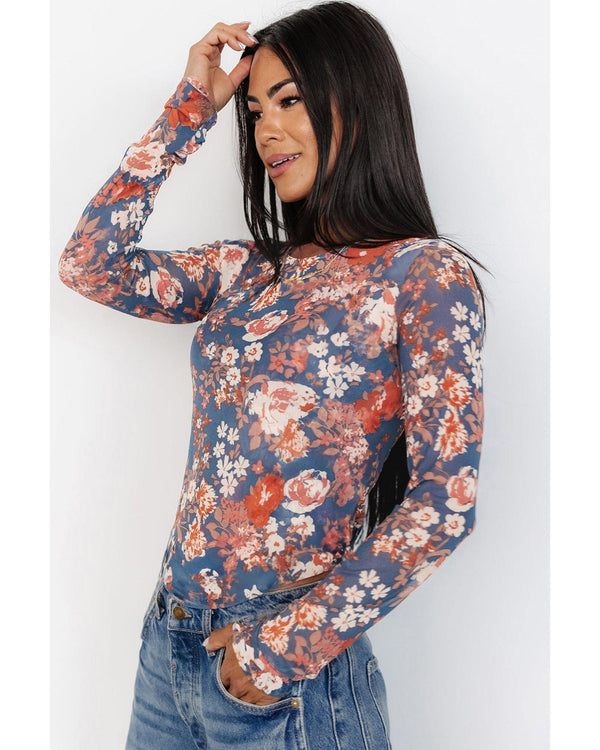 Orchid Petal Floral Print Mesh Fitted Long Sleeve Top - S