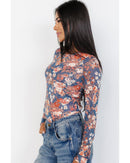 Orchid Petal Floral Print Mesh Fitted Long Sleeve Top - S