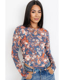 Orchid Petal Floral Print Mesh Fitted Long Sleeve Top - S
