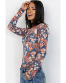 Orchid Petal Floral Print Mesh Fitted Long Sleeve Top - XL