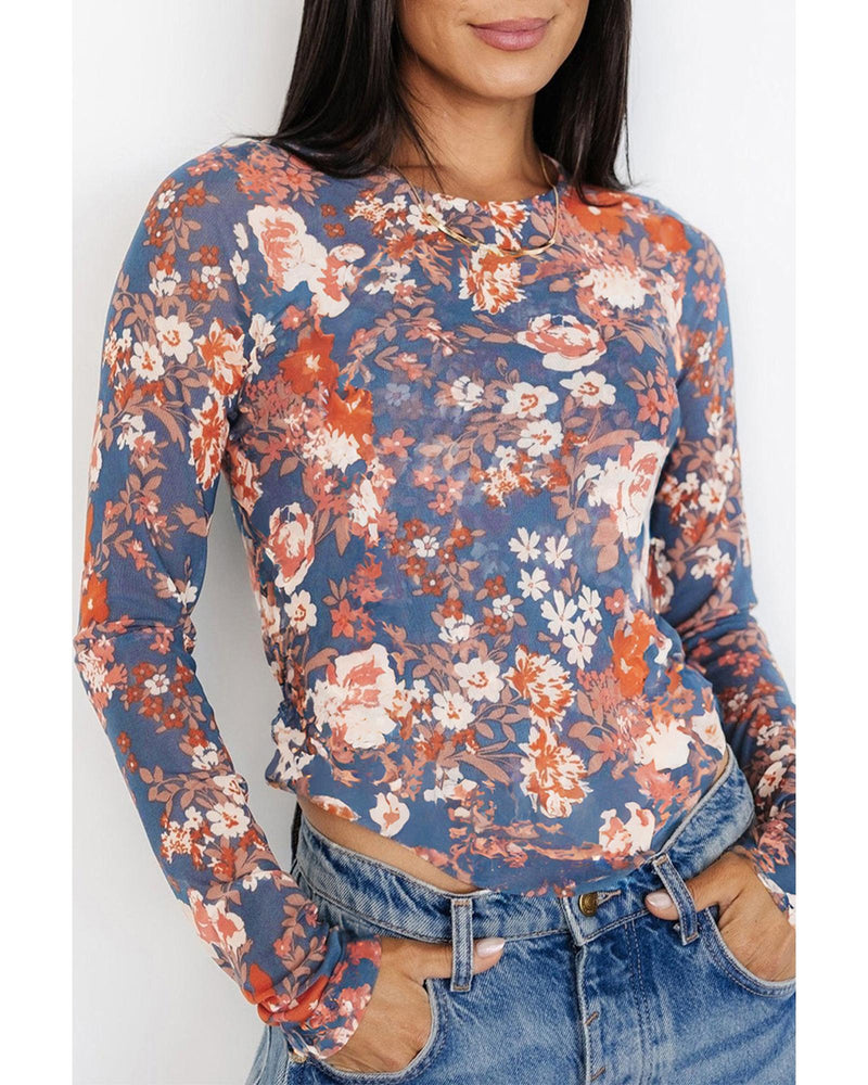 Orchid Petal Floral Print Mesh Fitted Long Sleeve Top - XL