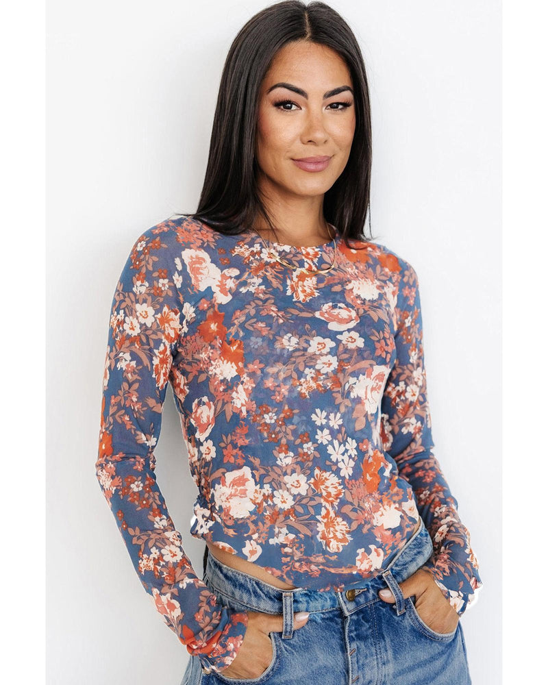 Orchid Petal Floral Print Mesh Fitted Long Sleeve Top - XL