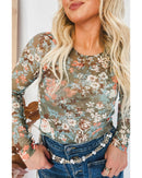 Green Floral Print Mesh Fitted Long Sleeve Top - M