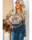 Green Floral Print Mesh Fitted Long Sleeve Top - M