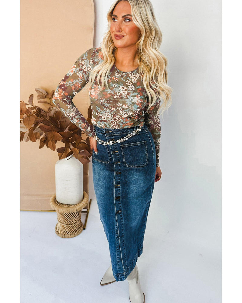 Green Floral Print Mesh Fitted Long Sleeve Top - M