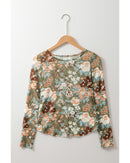 Green Floral Print Mesh Fitted Long Sleeve Top - M