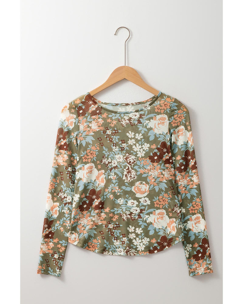 Green Floral Print Mesh Fitted Long Sleeve Top - M
