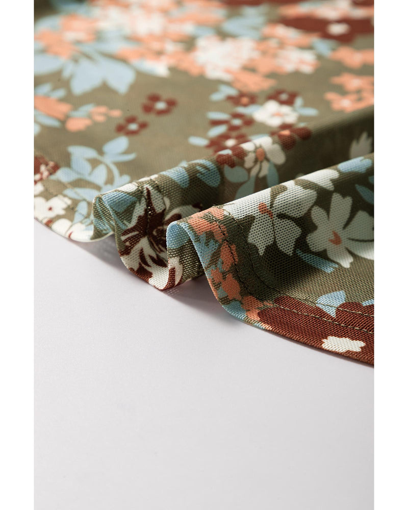 Green Floral Print Mesh Fitted Long Sleeve Top - M