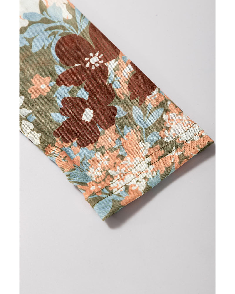 Green Floral Print Mesh Fitted Long Sleeve Top - M