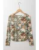 Green Floral Print Mesh Fitted Long Sleeve Top - M