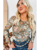Green Floral Print Mesh Fitted Long Sleeve Top - S
