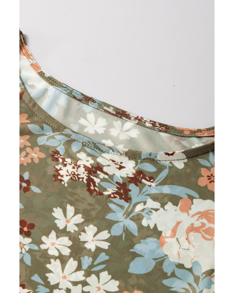 Green Floral Print Mesh Fitted Long Sleeve Top - S