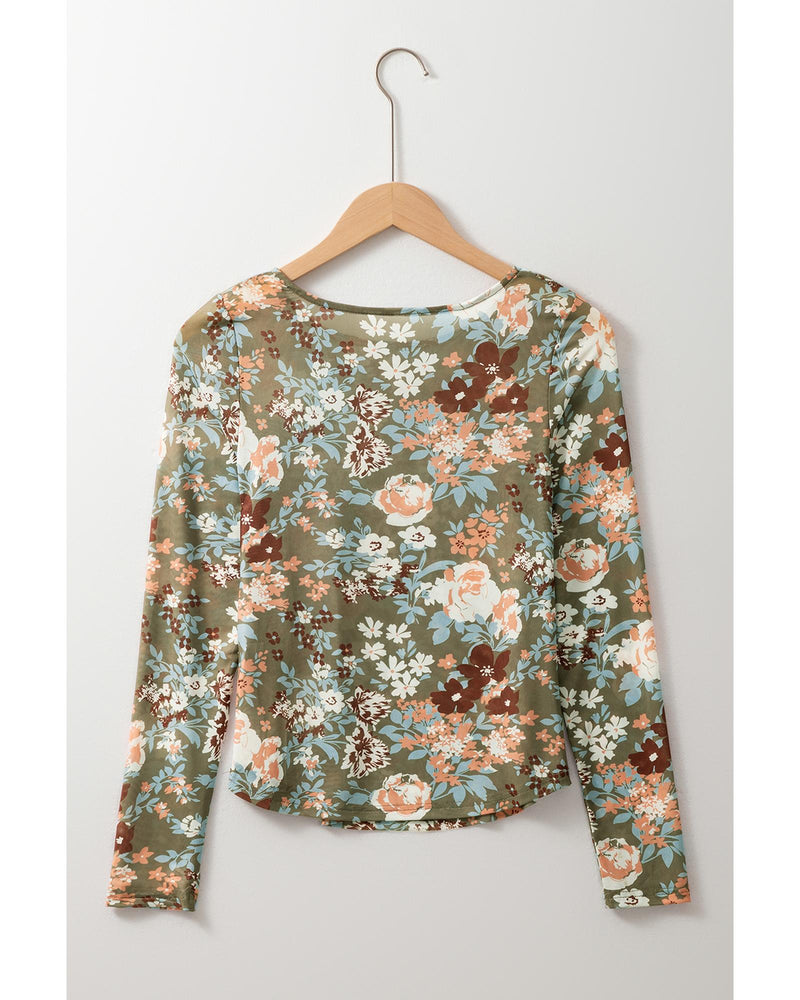 Green Floral Print Mesh Fitted Long Sleeve Top - S