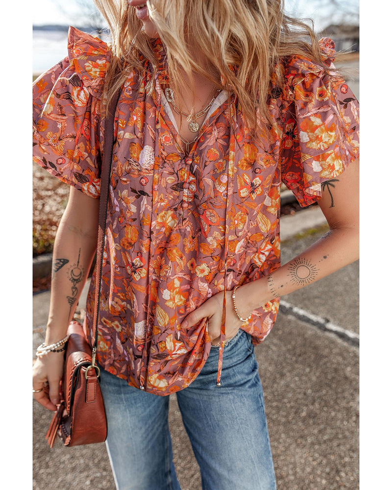 Orange Floral Print Ruffled Flutter Sleeve Frilled V Neck Blouse - L
